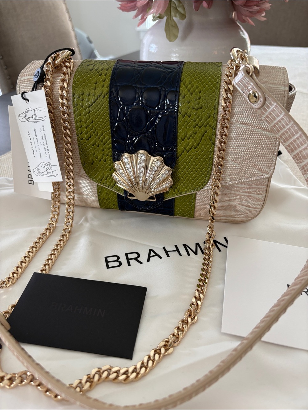 Brahmin Olive Green, Navy & Cream Leather Shell Crossbody